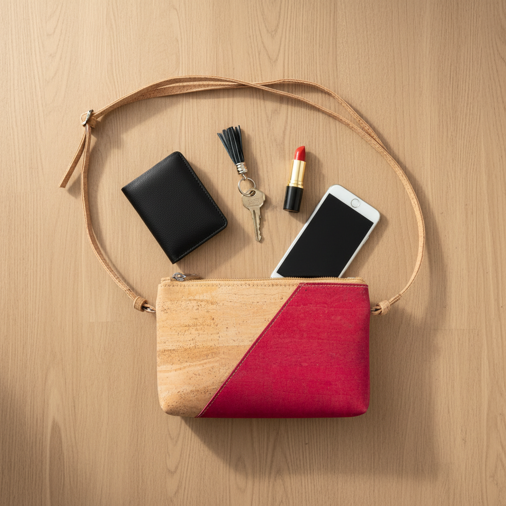 Mini borsa a tracolla in sughero con pannello rosso e base chiara, tracolla in cuoio