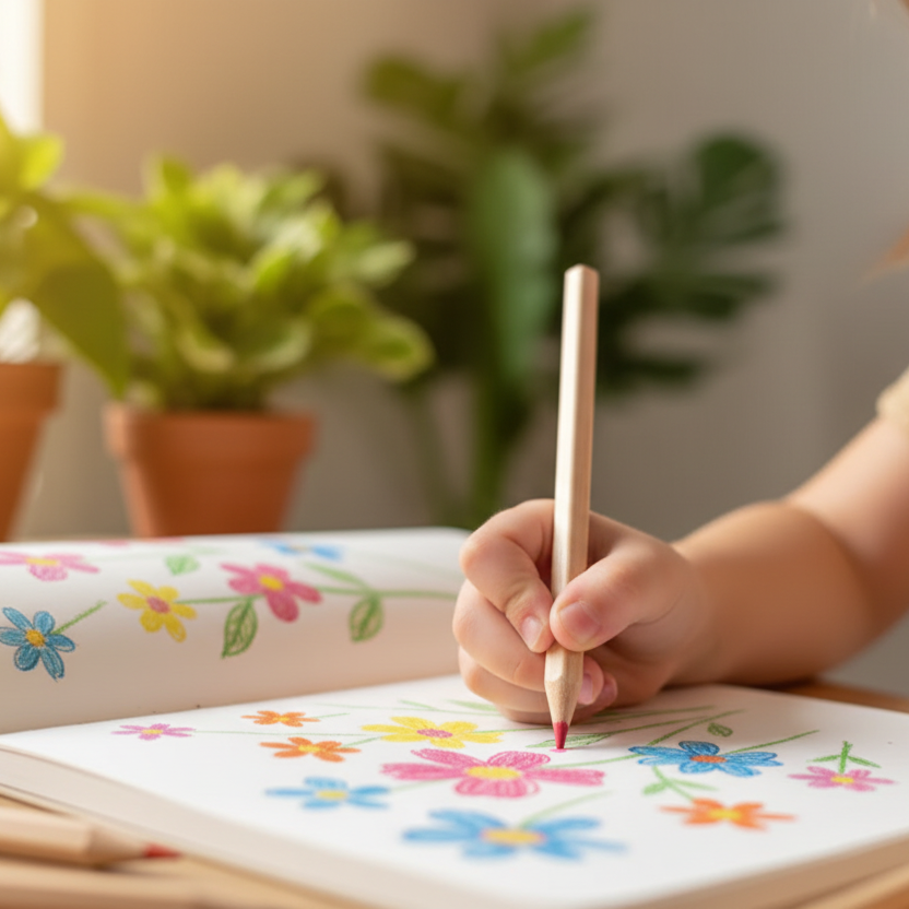 Mano di bambino che disegna con matite colorate in legno naturale