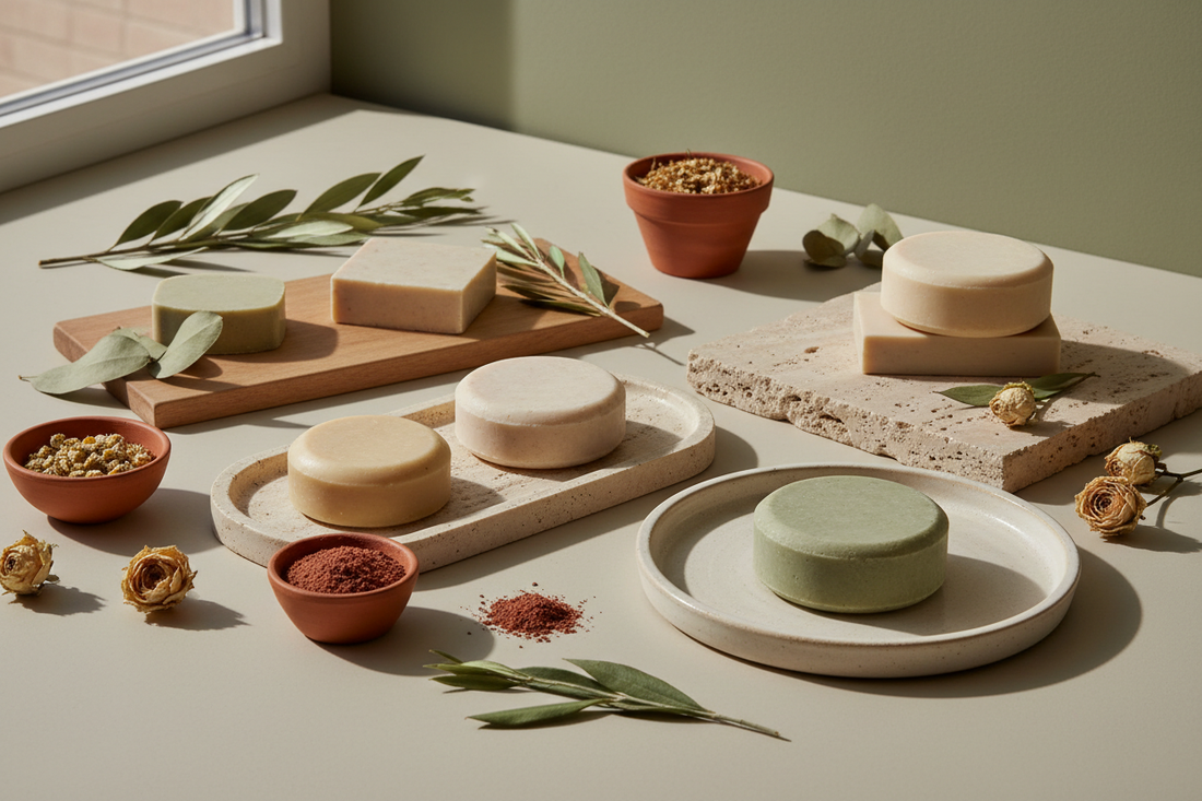 Cosmetici solidi naturali plastic-free: shampoo, detergente viso e crema in formato solido su superficie in legno