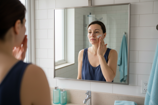 Routine skincare eco-luxury per pelli sensibili: cosmetici naturali bio con camomilla e calendula su superficie in legno