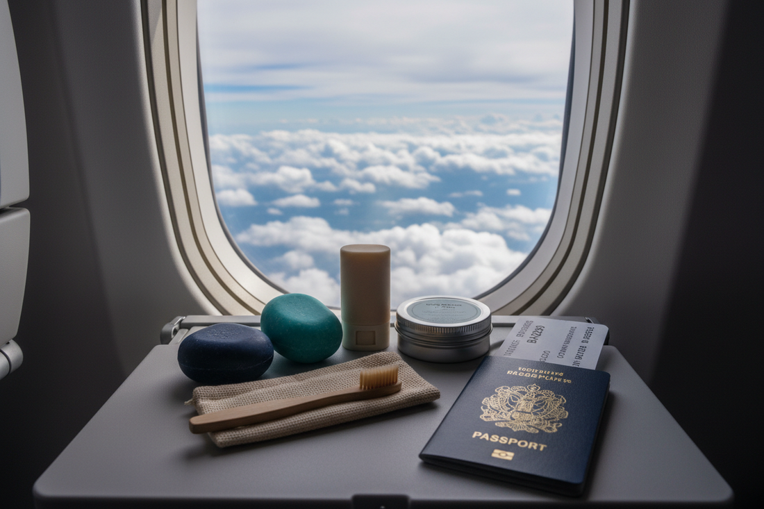 Kit cosmetici solidi per viaggi: shampoo, balsamo e detergente viso in formato compatto plastic-free su sfondo da viaggio