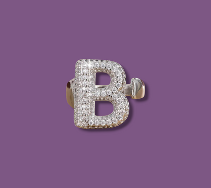 Anello color Argento con Iniziale in Acciaio Inox e Zirconi - Regolabile