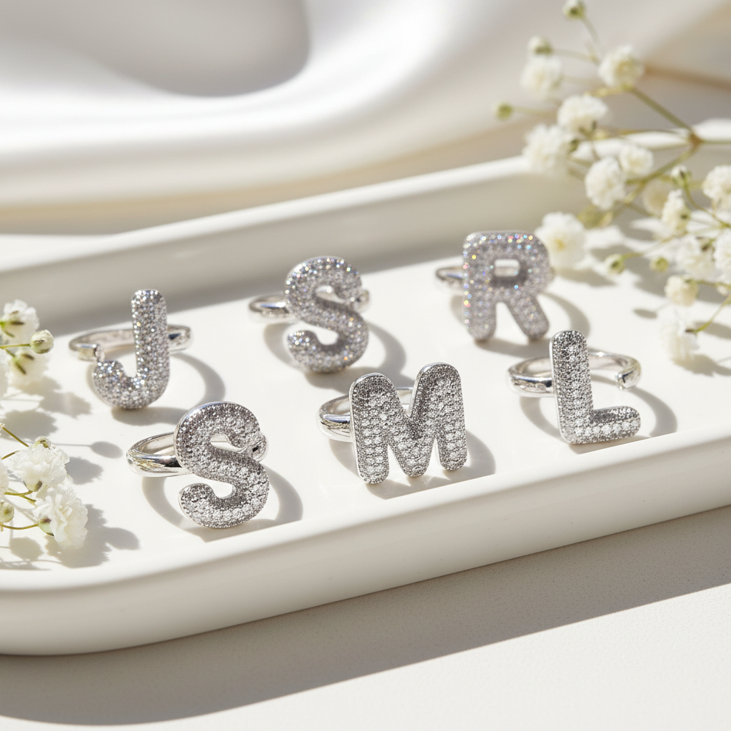 Anello color Argento con Iniziale in Acciaio Inox e Zirconi - Regolabile