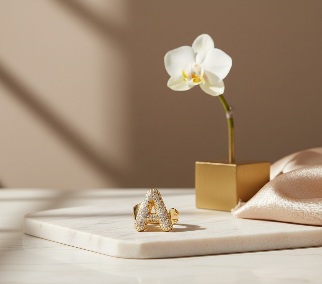 Anello personalizzato iniziale oro zirconi acciaio inox regolabile made in Italy