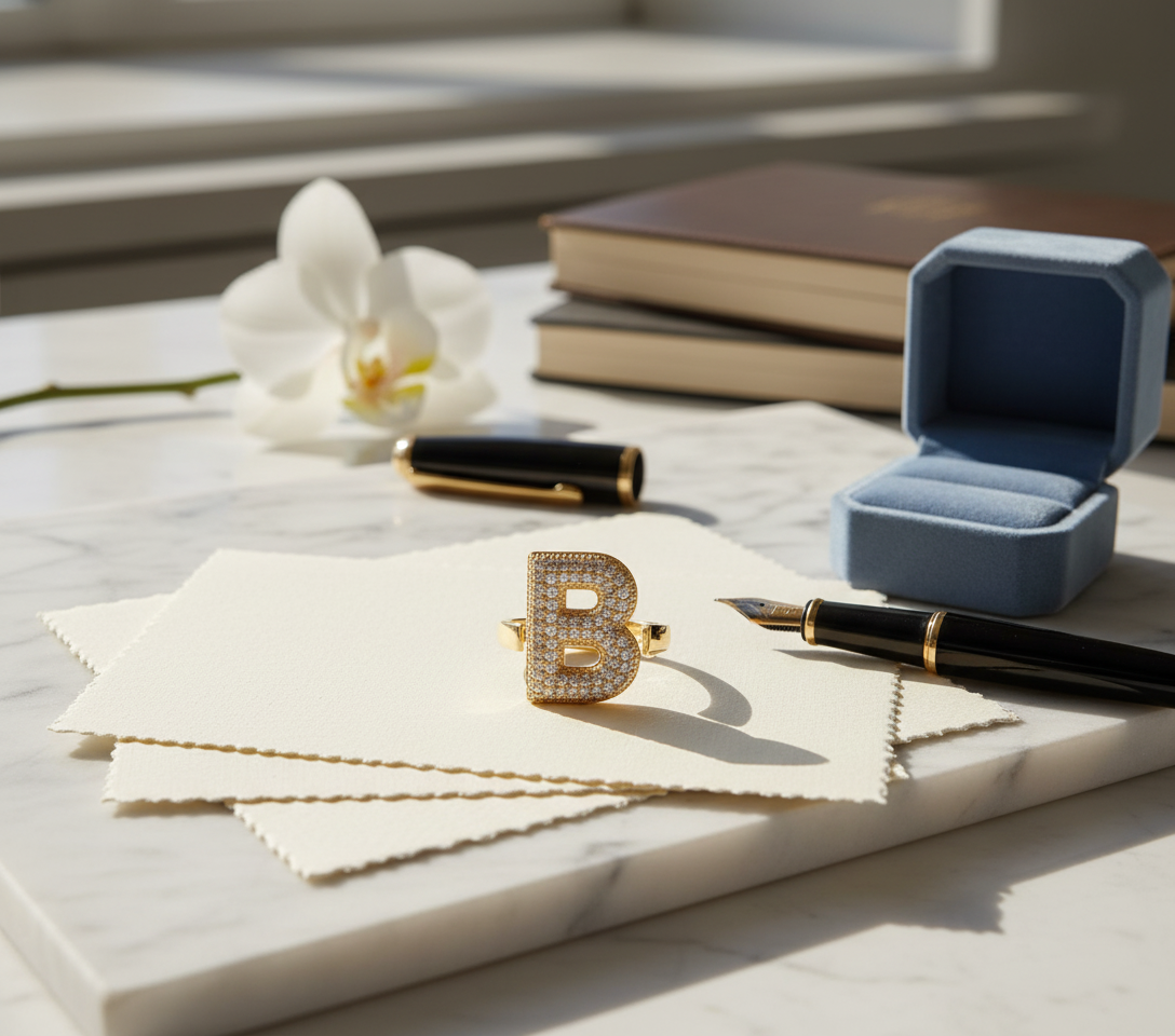 Anello color Oro con Iniziale in Acciaio Inox e Zirconi - Regolabile