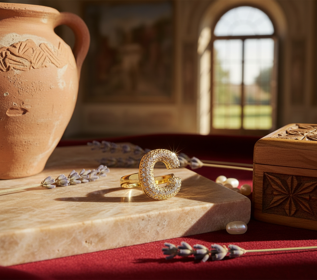 Anello color Oro con Iniziale in Acciaio Inox e Zirconi - Regolabile