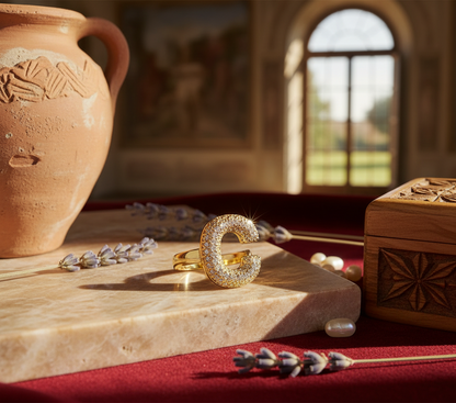 Anello color Oro con Iniziale in Acciaio Inox e Zirconi - Regolabile