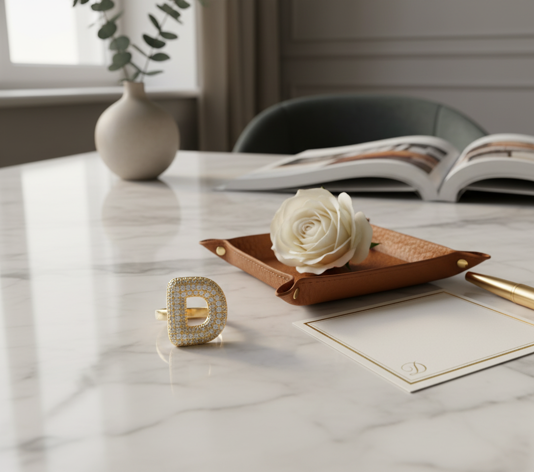 Anello color Oro con Iniziale in Acciaio Inox e Zirconi - Regolabile