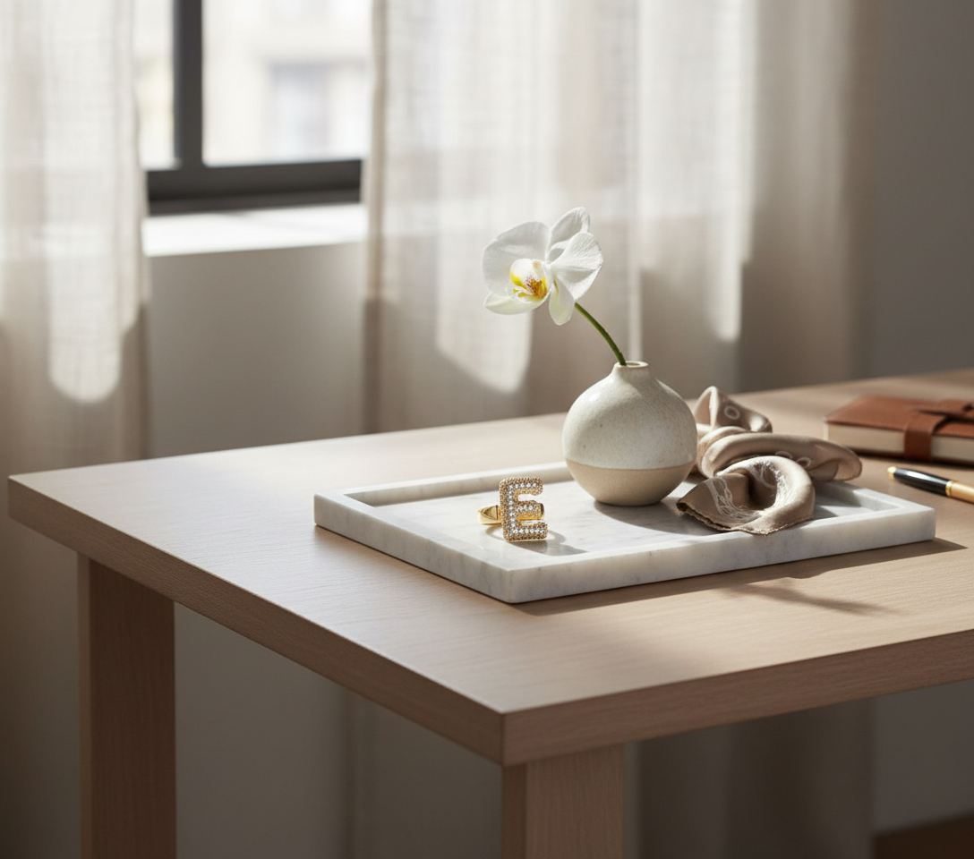 Anello color Oro con Iniziale in Acciaio Inox e Zirconi - Regolabile