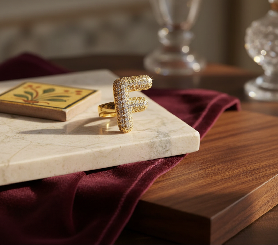 Anello color Oro con Iniziale in Acciaio Inox e Zirconi - Regolabile