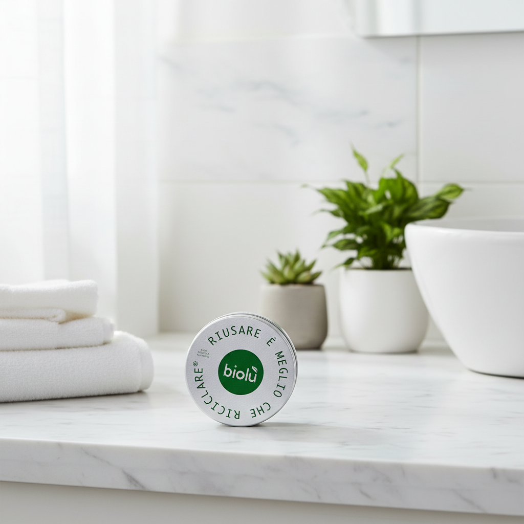 Astuccio rotondo in alluminio con coperchio metallico e logo verde biolù