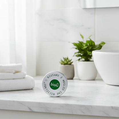 Astuccio rotondo in alluminio con coperchio metallico e logo verde biolù