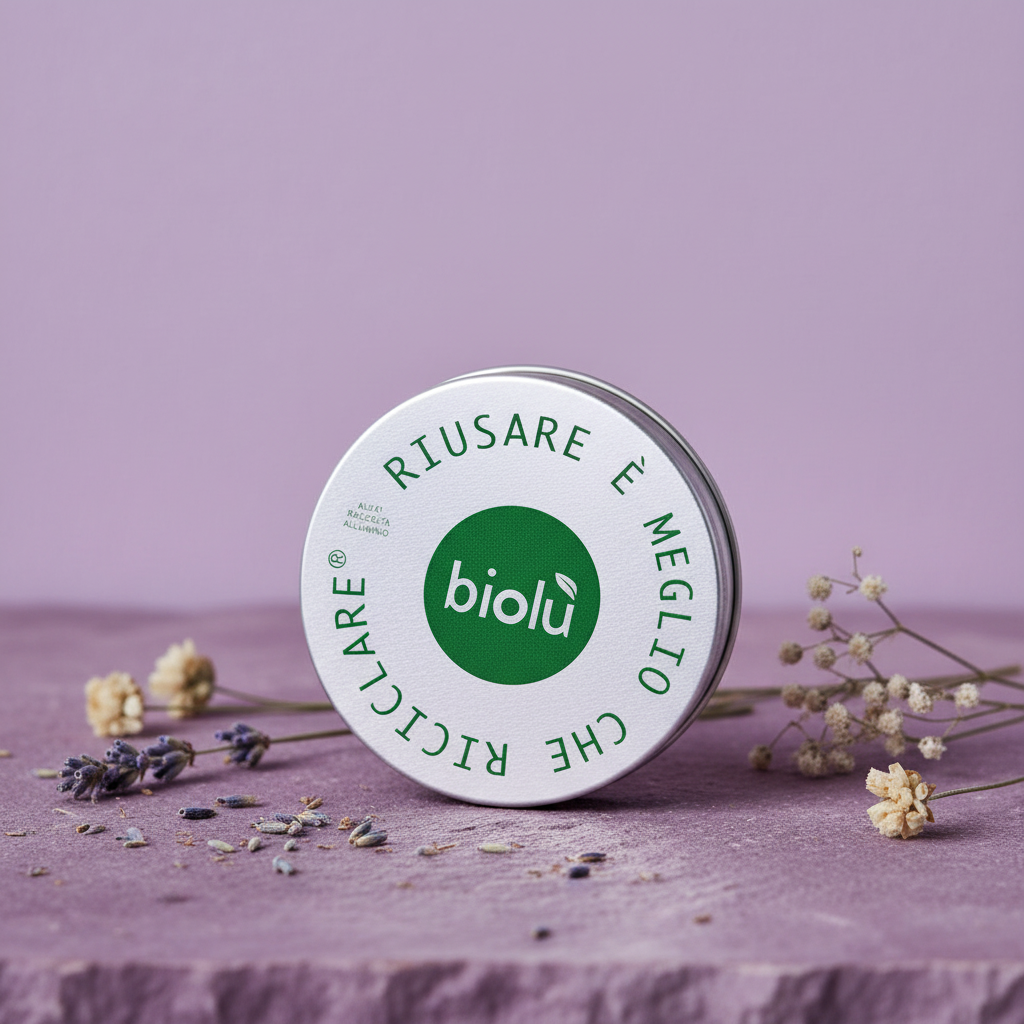 Astuccio rotondo in alluminio con coperchio e logo verde biolù