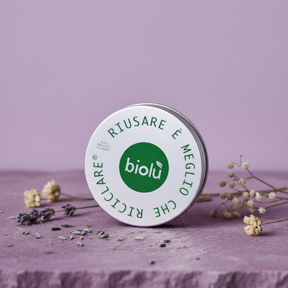 Astuccio rotondo in alluminio con coperchio e logo verde biolù