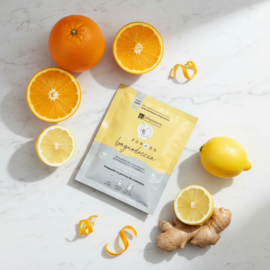 Bagnodoccia polvere energizzante su marmo con agrumi freschi arancia limone zenzero, vitamina C tonificante