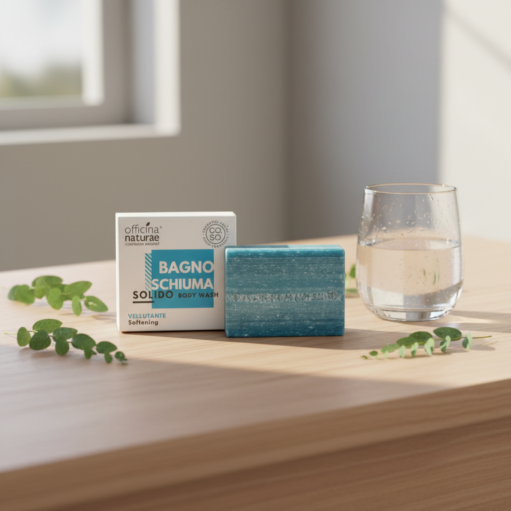 Barra di bagnoschiuma solido blu con scatola bianca officina naturae