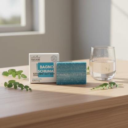 Barra di bagnoschiuma solido blu con scatola bianca officina naturae