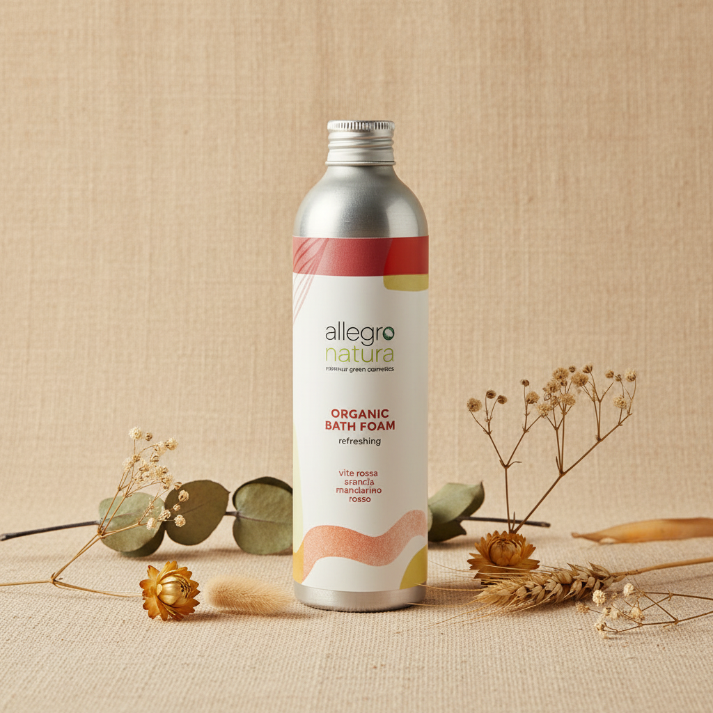 Flacone di bagnoschiuma bio Allegro Natura, bottiglia bianca con etichetta colorata