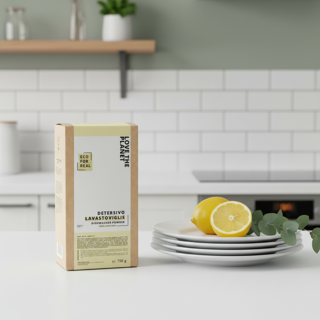 Confezione di detersivo per lavastoviglie in cartone bianco e marrone, 750 g