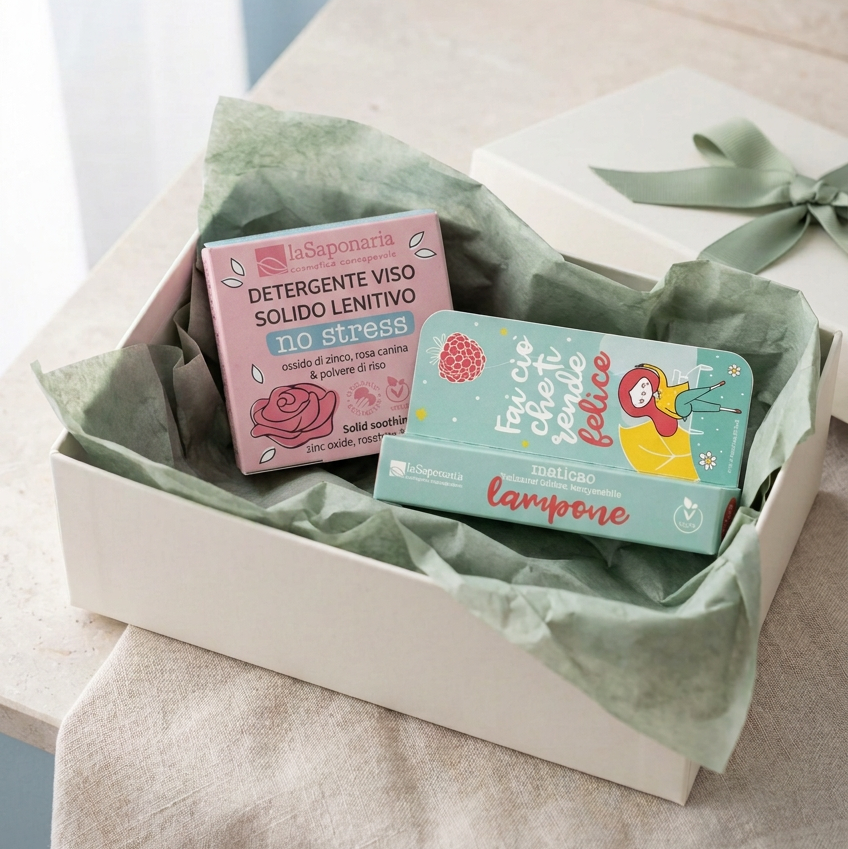 Cofanetto duo viso e labbra: detergente solido rosa e balsamo lampone verde