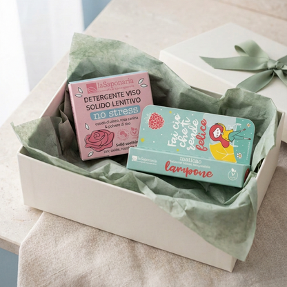 Cofanetto duo viso e labbra: detergente solido rosa e balsamo lampone verde