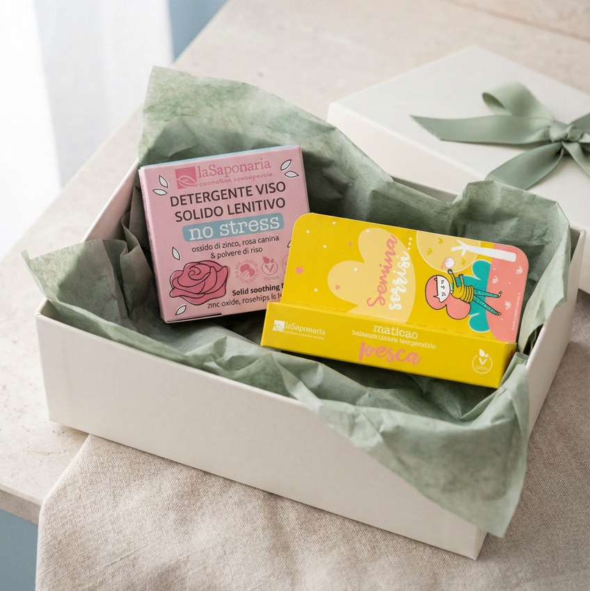 Cofanetto duo viso e labbra: detergente solido rosa e balsamo pesca giallo
