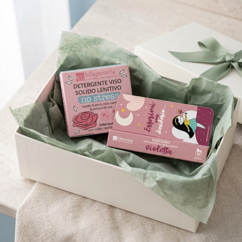 Cofanetto duo viso e labbra: detergente solido rosa e balsamo violetta viola