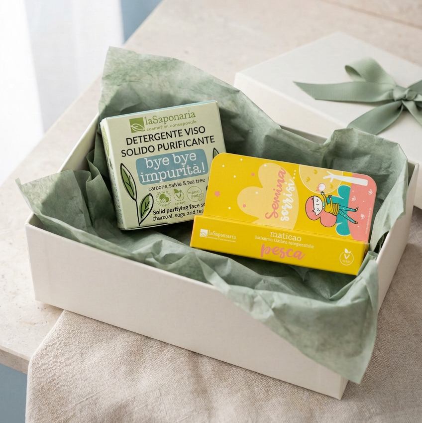Cofanetto duo viso e labbra: detergente solido verde e balsamo pesca giallo