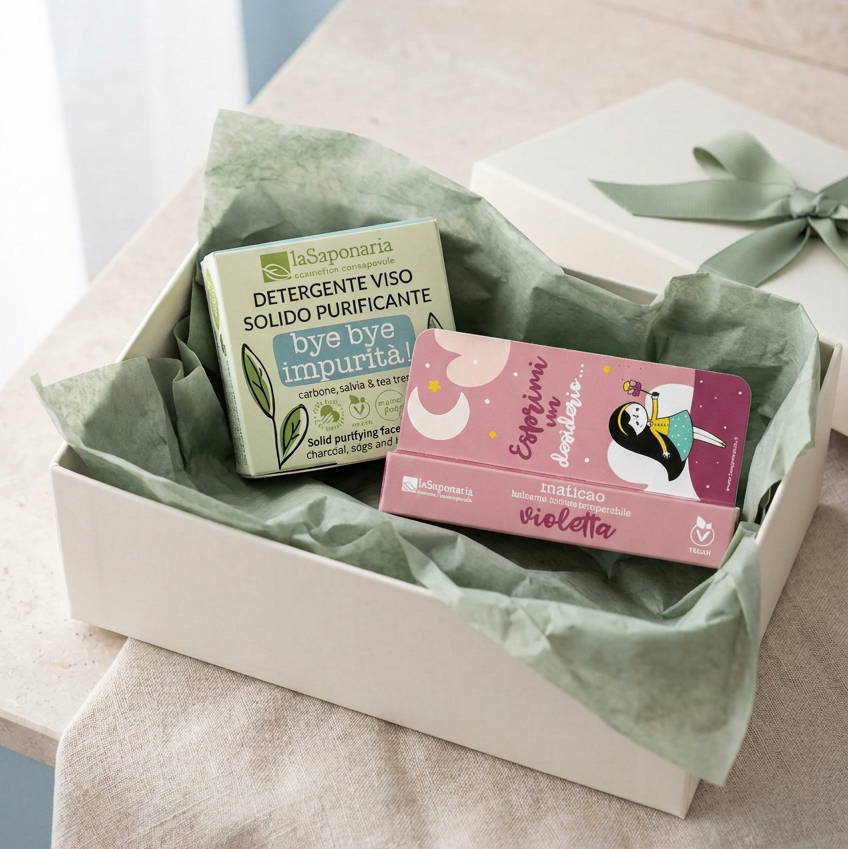 Cofanetto duo viso e labbra: detergente solido verde e balsamo violetta rosa