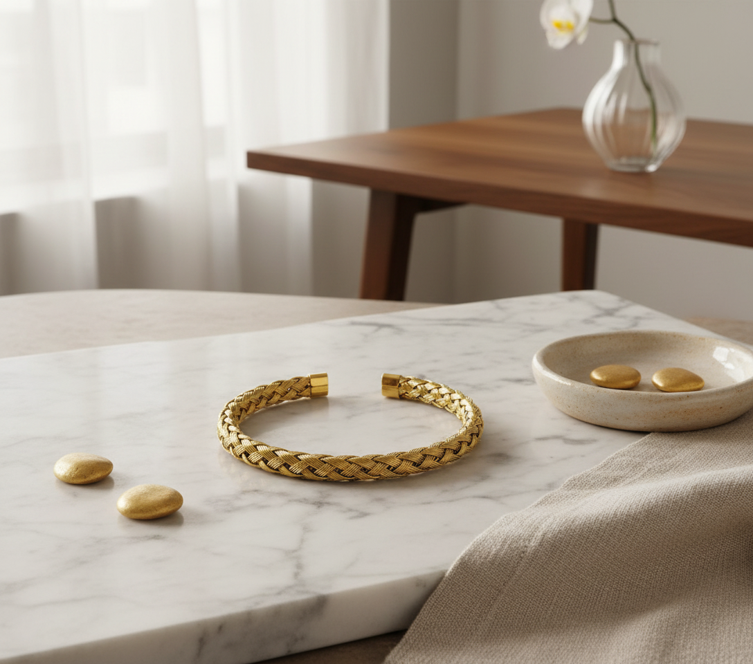 Bracciale Rigido Intrecciato Acciaio Inox Oro Unisex