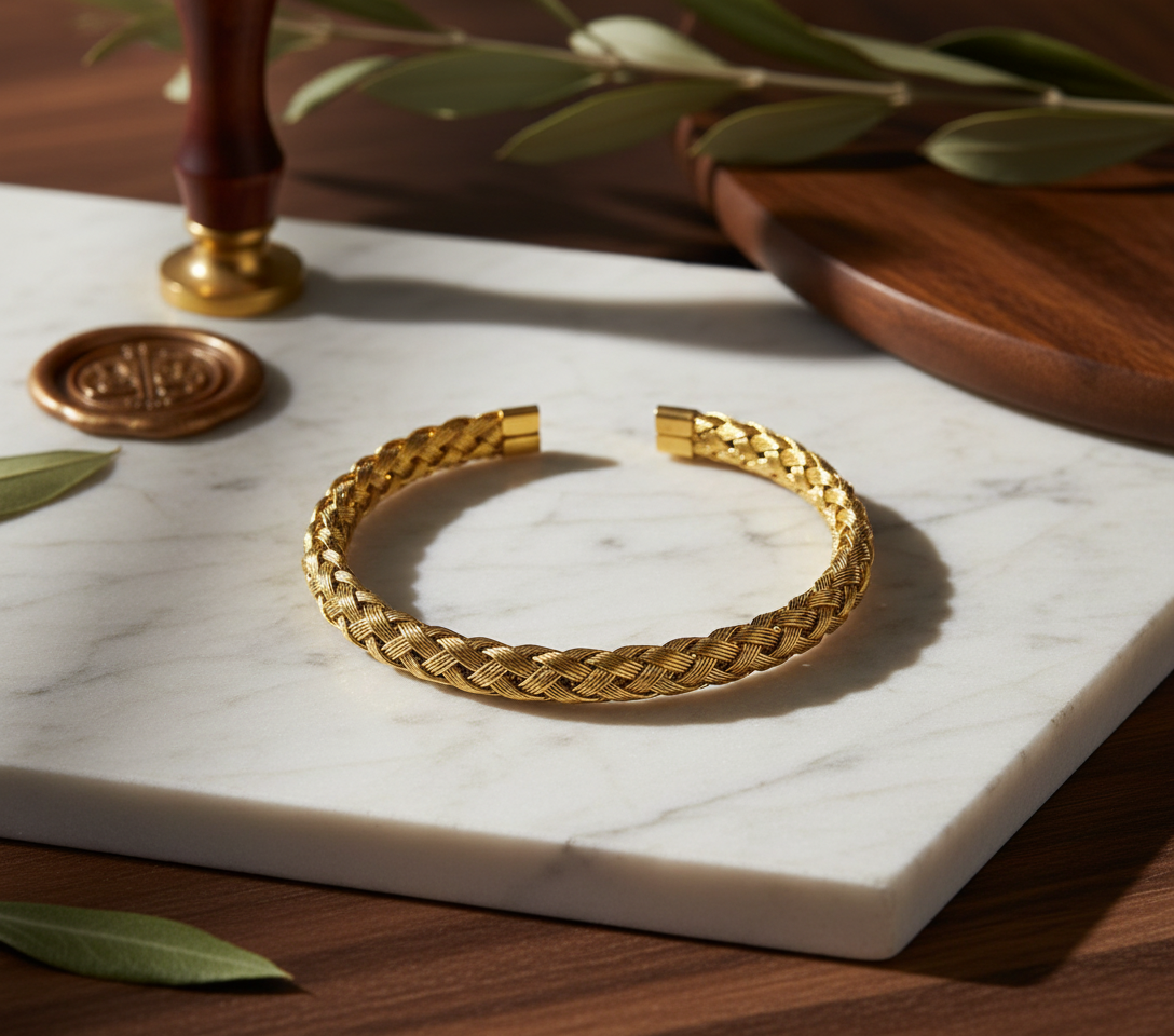 Bracciale rigido intrecciato acciaio inox oro gioiello artigianale unisex