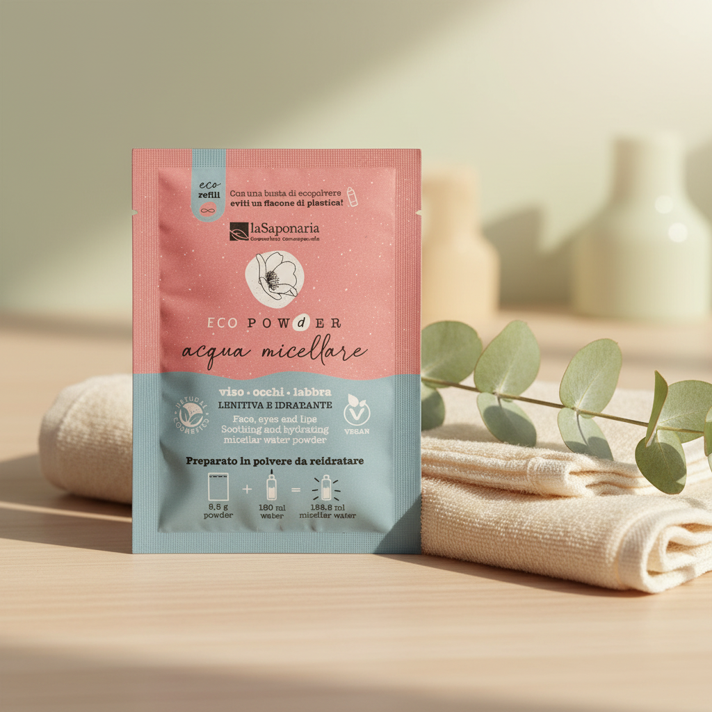 Acqua micellare in polvere: bustina rosa e azzurra su supporto tessile