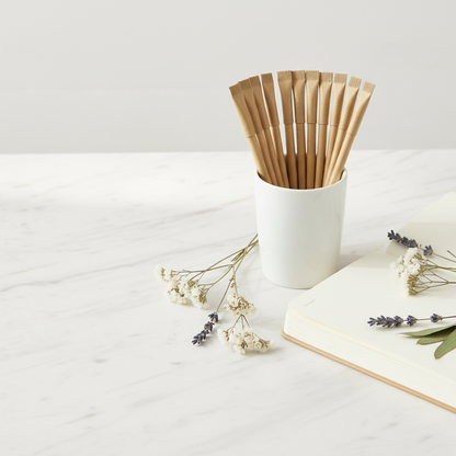 Mazzo di penne di carta riciclata marrone in contenitore bianco