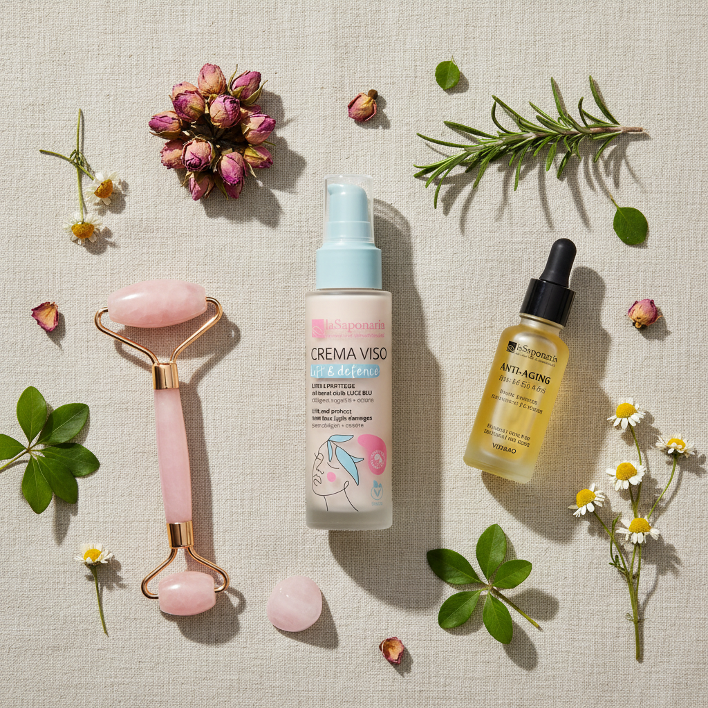 Flat lay crema Lift Defence con roller quarzo rosa siero anti-età, rituale skincare rassodante premium