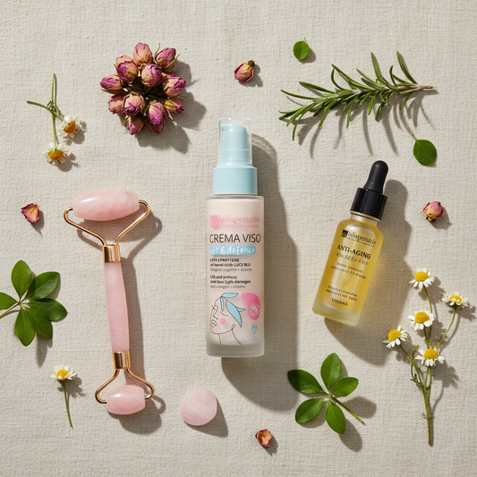 Flat lay crema Lift Defence con roller quarzo rosa siero anti-età, rituale skincare rassodante premium