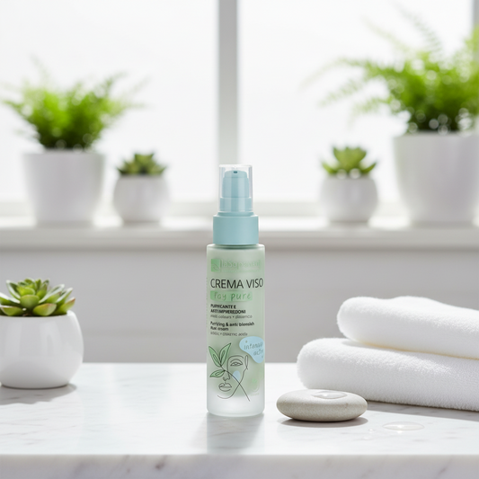 Crema Stay Pure su vassoio legno con asciugamani piante acqua, rituale skincare purificante