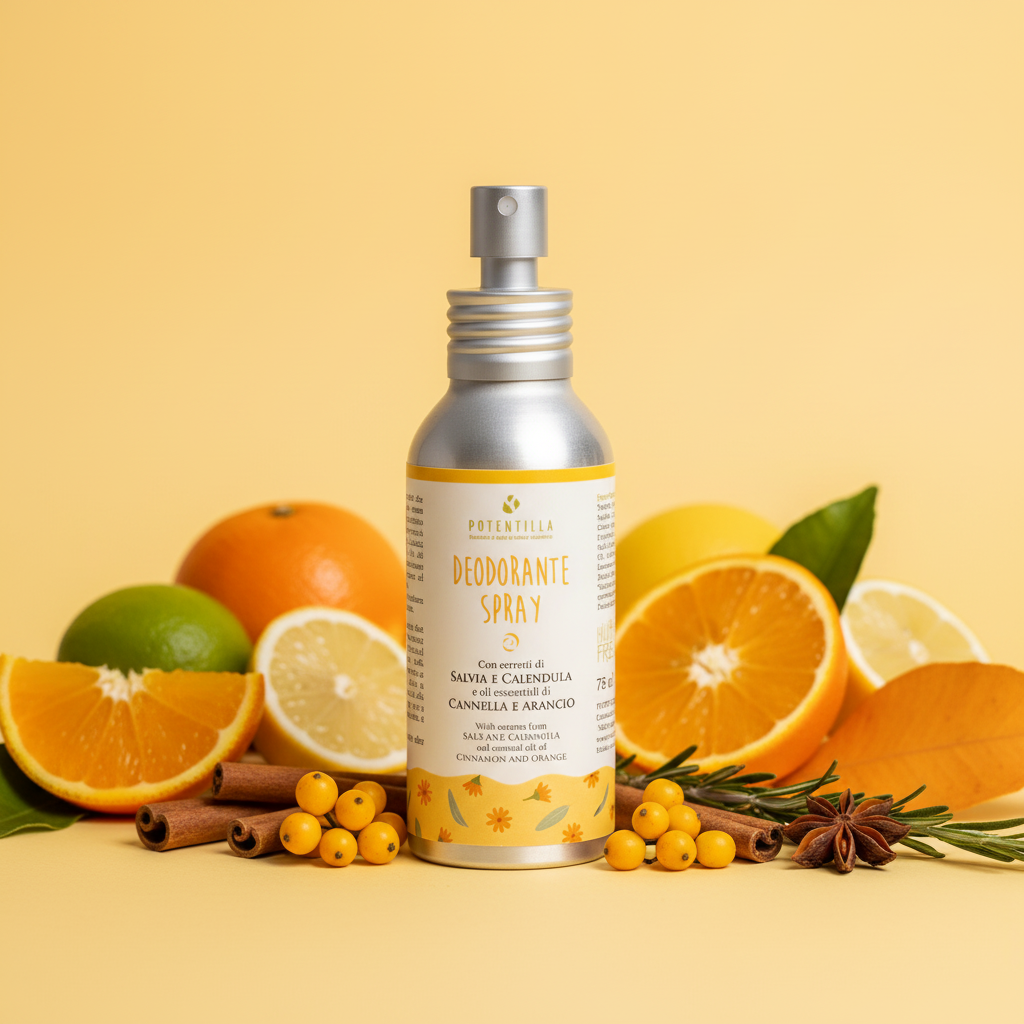 Deodorante spray naturale cannella arancio, antisudorifero bio speziato