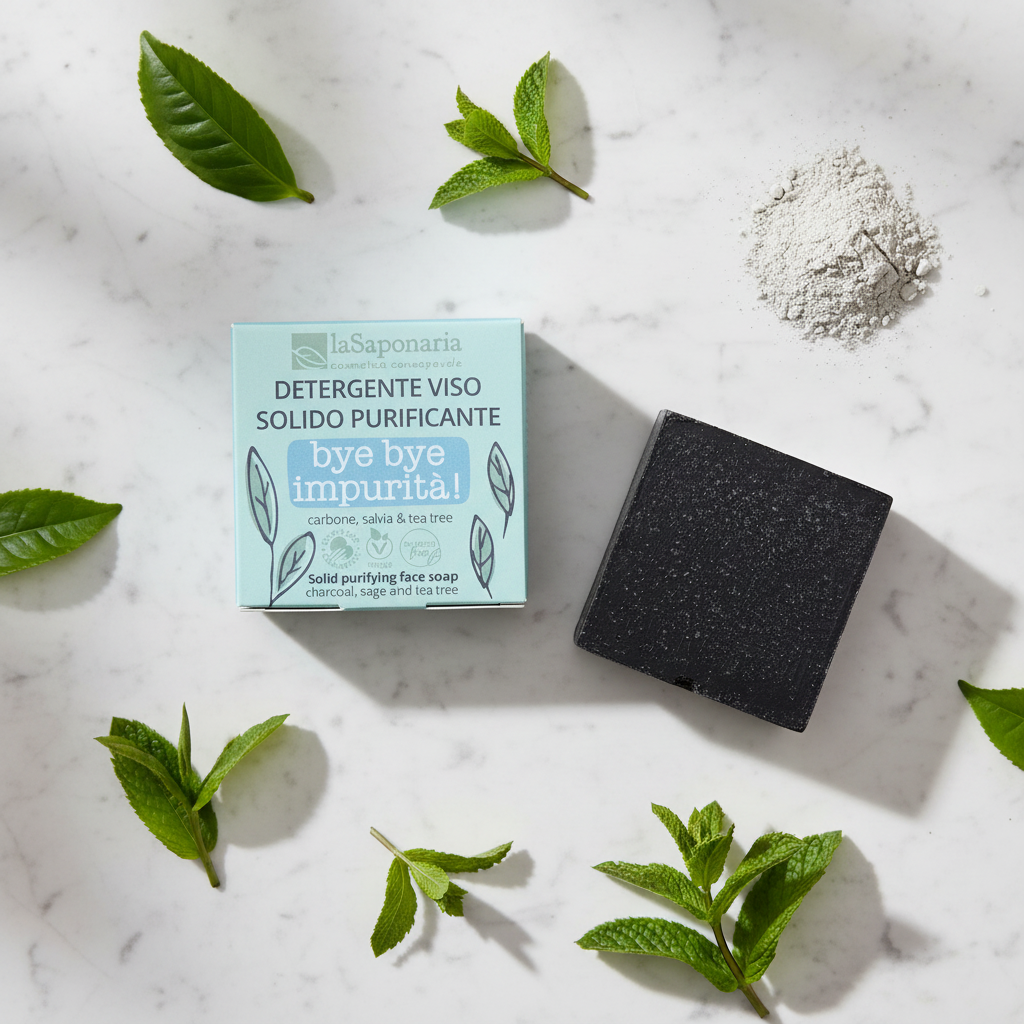 Detergente viso purificante su marmo con foglie tè verde polvere argilla menta, pelli grasse miste