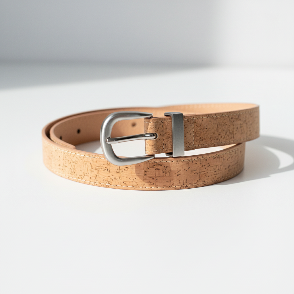 Cintura unisex sughero naturale vegano PETA fibbia semicircolare argentata sottile 2,4cm
