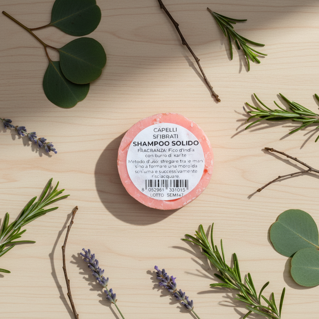Shampoo solido naturale artigianale italiano zero waste su sfondo neutro, forma rotonda con etichetta compostabile"