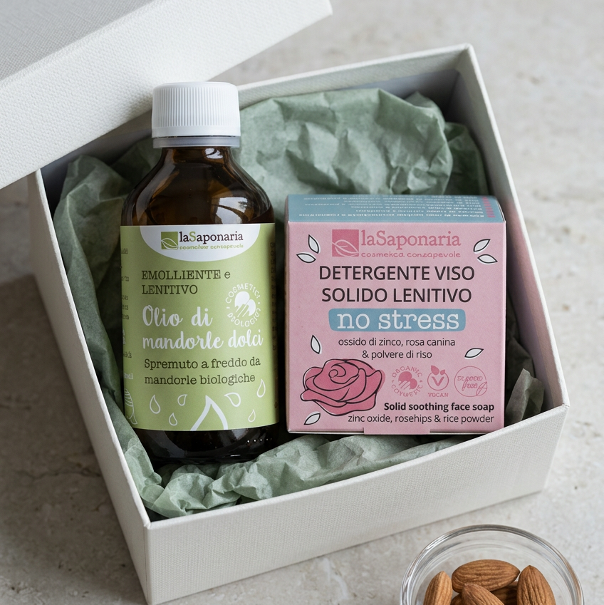 Box duo detergenti: flacone olio viso e sapone solido viso laSaponaria