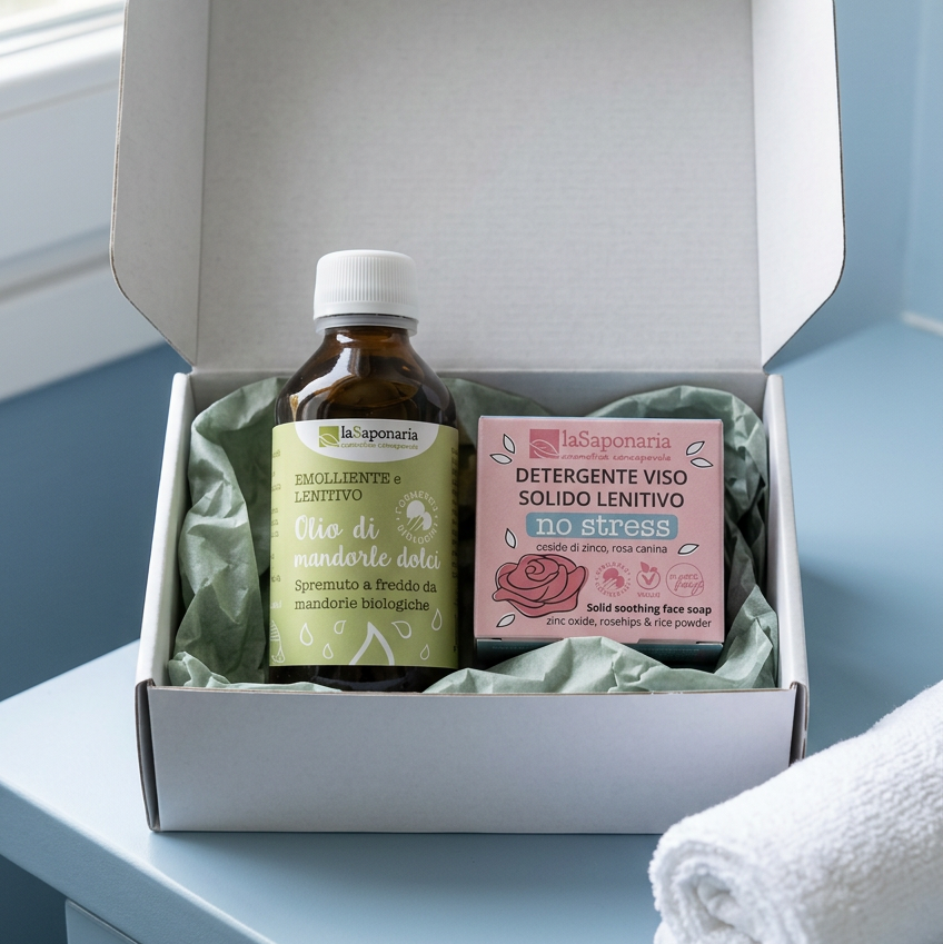 Box duo detergenti in scatola: flacone olio viso e sapone solido viso
