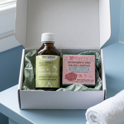 Box duo detergenti in scatola: flacone olio viso e sapone solido viso