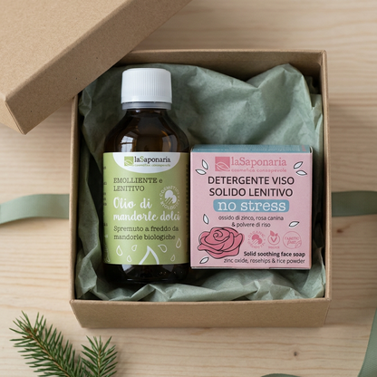 Box duo detergenti con flacone olio viso e sapone solido viso no stress laSaponaria