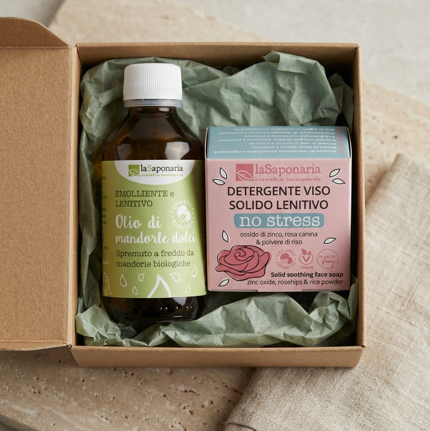Box duo detergenti: olio di mandorle dolci e sapone solido viso no stress laSaponaria