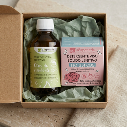 Box duo detergenti: olio di mandorle dolci e sapone solido viso no stress laSaponaria