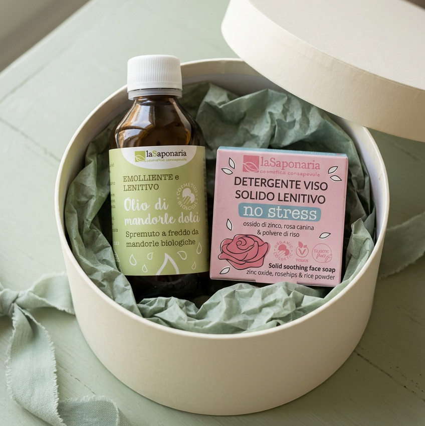 Box duo detergenti rotondo: olio di mandorle e sapone solido viso no stress