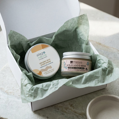 Cofanetto regalo con 2 barattoli per mani: crema organica e scrub viso-mani