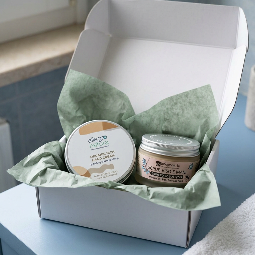 Cofanetto bianco con carta verde e due barattoli per mani: crema e scrub