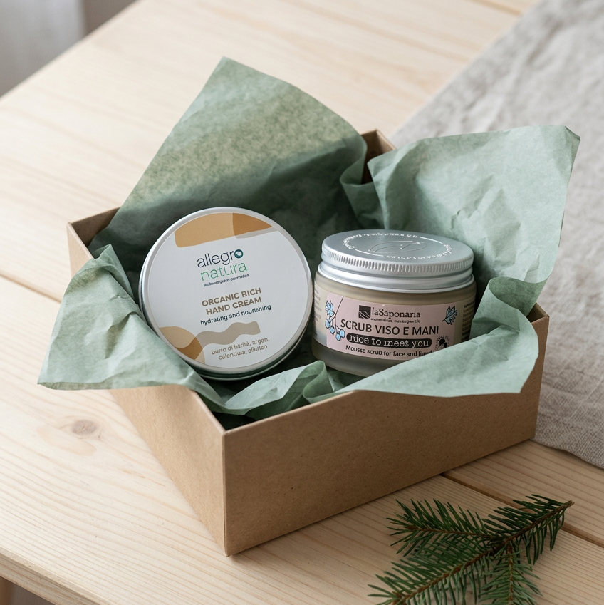 Cofanetto marrone con carta verde e due barattoli per mani: crema e scrub
